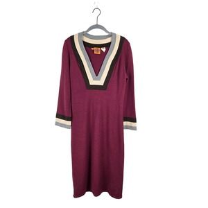 Tory Burch Wool Knit Midi Dress Small Burgundy V-Neck Striped Trim Long Sleeve